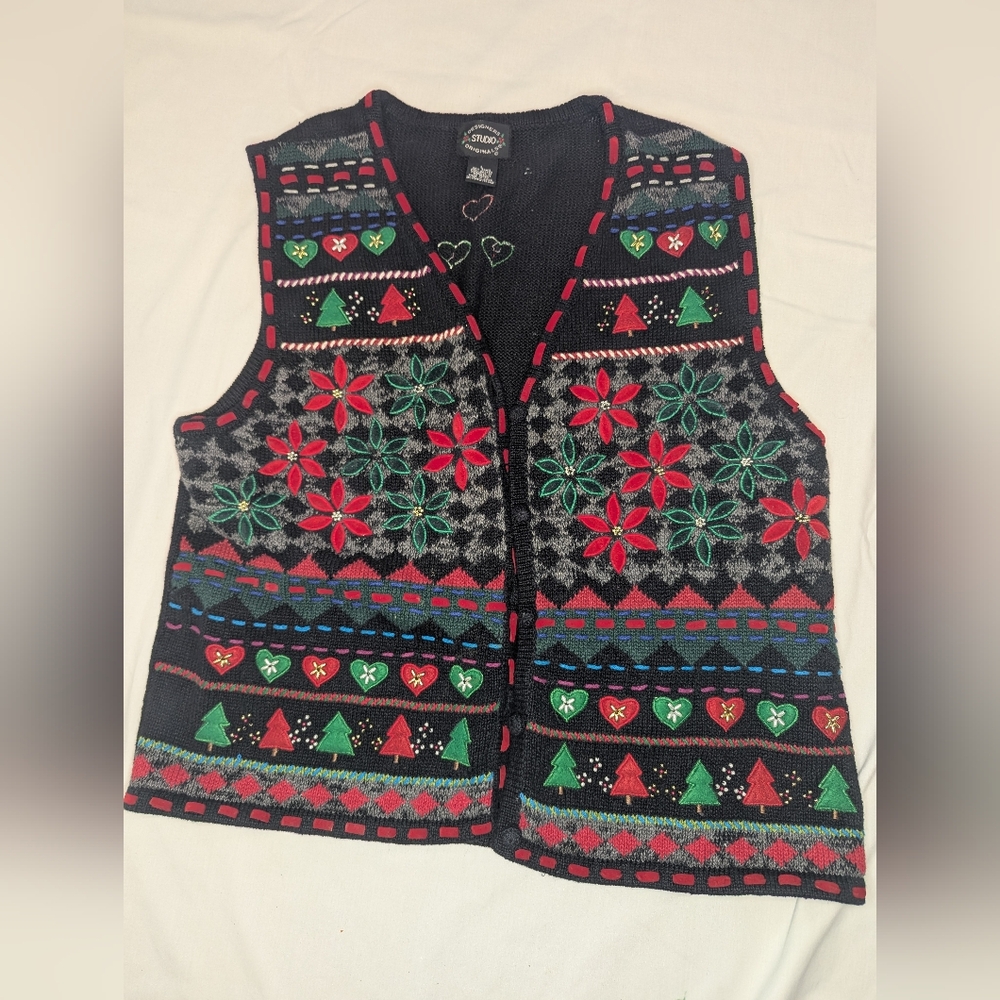 Vintage Designers Studios Holiday Vest Size Large Christmas Sweater Poinsettia